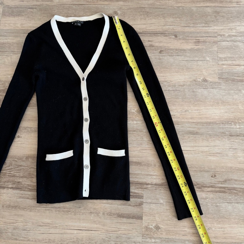 Theory Ribbed Knit Cardigan Black w/ White Trim V-Neck Button Front Women P S - Picture 6 of 6